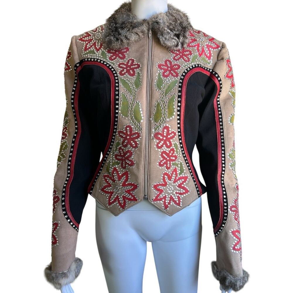 Diane Olsen Western Show Jacket Leather Rhinestone Floral Fur Equestrian Rodeo
